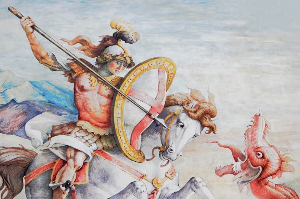 Der heilige Georg zu Pferd im Kampf mit dem Drachen, Wandbild